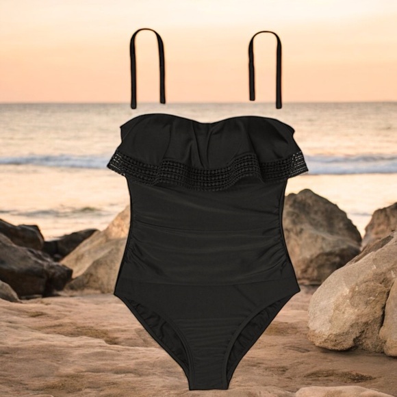 Kona Sol Jet Black Crochet Flounce Bandeau One-Piece Swimsuit - Picture 11 of 16